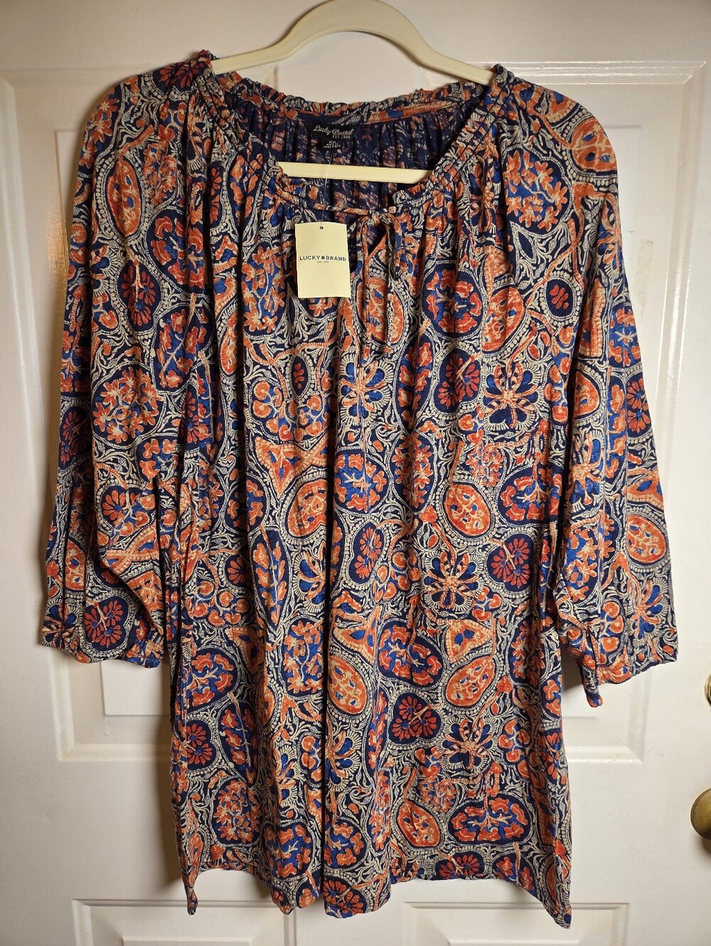 NWT Lucky Brand Lace Up Paisley Floral Peasant Blouse Size 2X